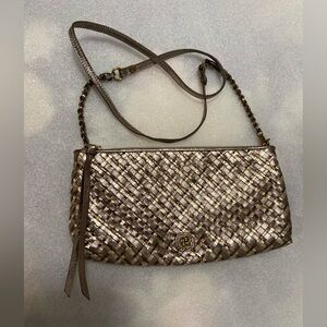 Elliot Lucca~Vtg~Metallic~Bronze/Gold/Taupe~Woven~Soft Leather~Crossbody~Handbag